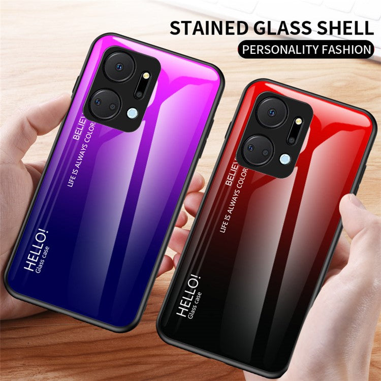 Gradient Color Phone Case for Honor X7a 5G, Tempered Glass +PC+TPU Phone Cover - Gradient Black Grey