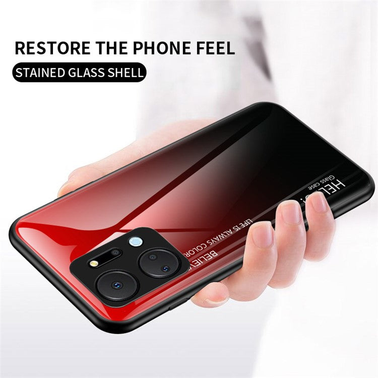 Gradient Color Phone Case for Honor X7a 5G, Tempered Glass +PC+TPU Phone Cover - Gradient Black Grey