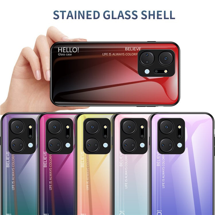 Gradient Color Phone Case for Honor X7a 5G, Tempered Glass +PC+TPU Phone Cover - Gradient Black Grey