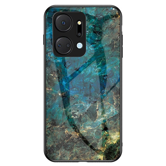 Cell Phone Case for Honor X7a 5G, Marble Pattern Tempered Glass+PC +TPU Phone Cover - Emerald Marble