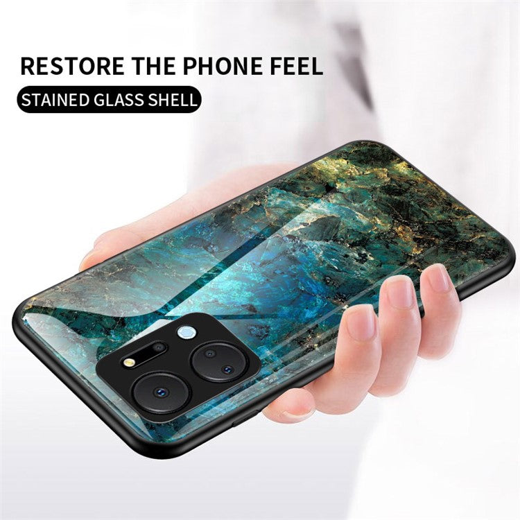 Cell Phone Case for Honor X7a 5G, Marble Pattern Tempered Glass+PC +TPU Phone Cover - Emerald Marble