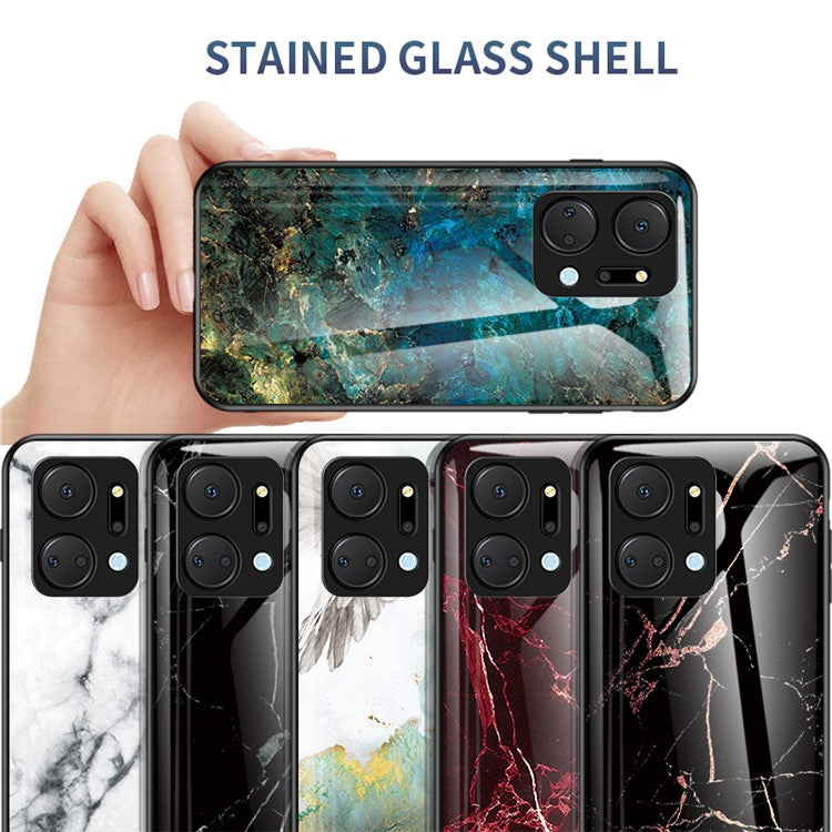 Cell Phone Case for Honor X7a 5G, Marble Pattern Tempered Glass+PC +TPU Phone Cover - Emerald Marble