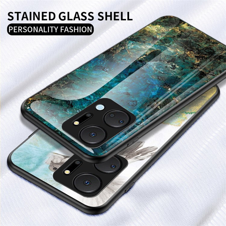 Cell Phone Case for Honor X7a 5G, Marble Pattern Tempered Glass+PC +TPU Phone Cover - Gold Black Marble