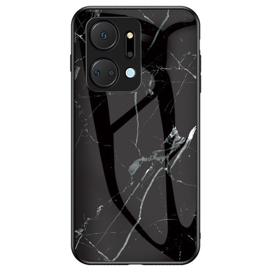 Cell Phone Case for Honor X7a 5G, Marble Pattern Tempered Glass+PC +TPU Phone Cover - Black Marble