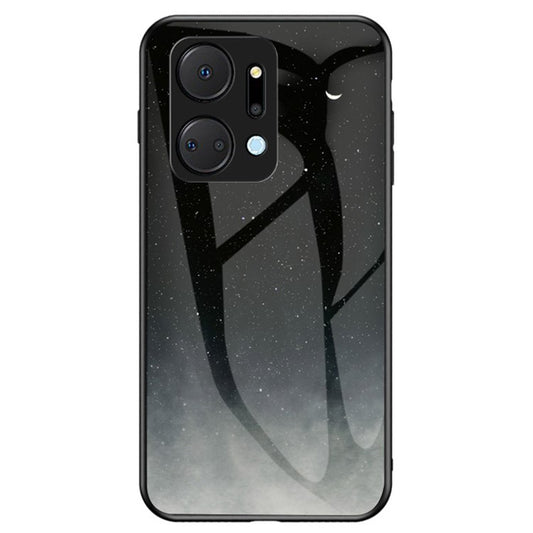 Mobile Phone Case for Honor X7a 5G, Starry Sky Pattern Tempered Glass+PC+TPU Smartphone Cover - Starry Crescent Moon