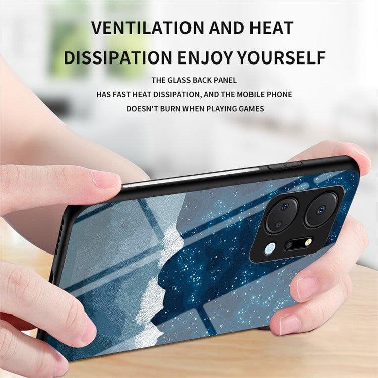 Mobile Phone Case for Honor X7a 5G, Starry Sky Pattern Tempered Glass+PC+TPU Smartphone Cover - Starry Crescent Moon