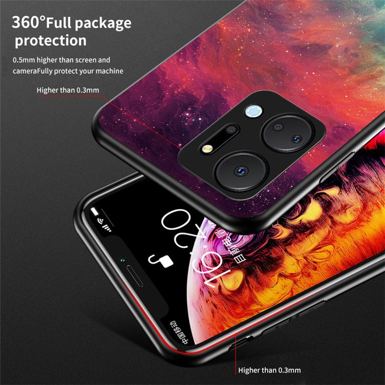 Mobile Phone Case for Honor X7a 5G, Starry Sky Pattern Tempered Glass+PC+TPU Smartphone Cover - Starry Crescent Moon