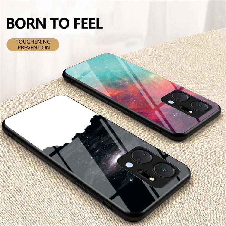 Mobile Phone Case for Honor X7a 5G, Starry Sky Pattern Tempered Glass+PC+TPU Smartphone Cover - Starry Crescent Moon