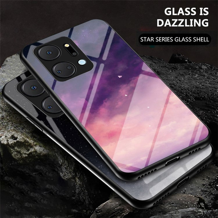 Mobile Phone Case for Honor X7a 5G, Starry Sky Pattern Tempered Glass+PC+TPU Smartphone Cover - Starry Crescent Moon