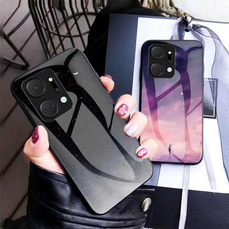 Mobile Phone Case for Honor X7a 5G, Starry Sky Pattern Tempered Glass+PC+TPU Smartphone Cover - Starry Crescent Moon