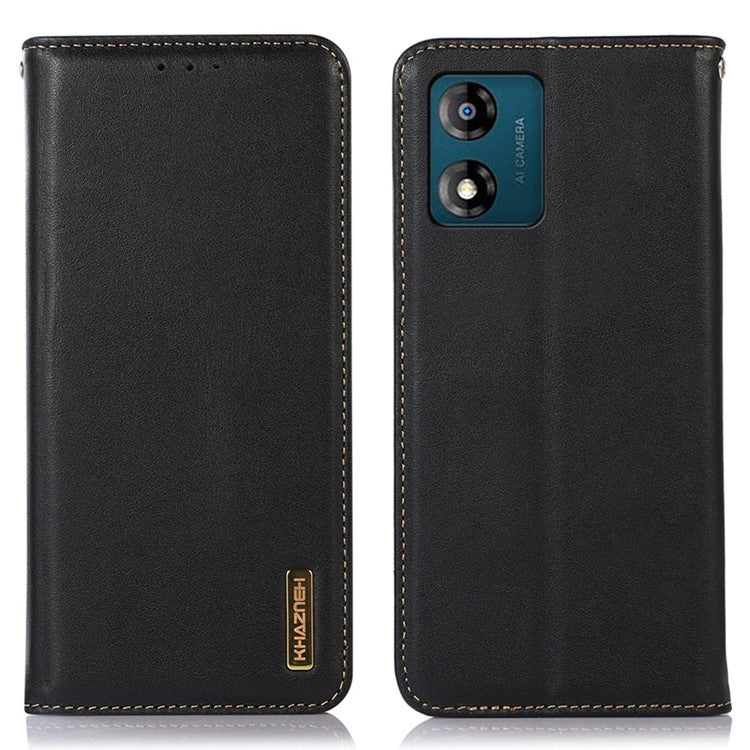 KHAZNEH Phone Case for Motorola Moto E13 4G, Nappa Texture Genuine Cowhide Leather Phone Wallet Cover Stand - Black