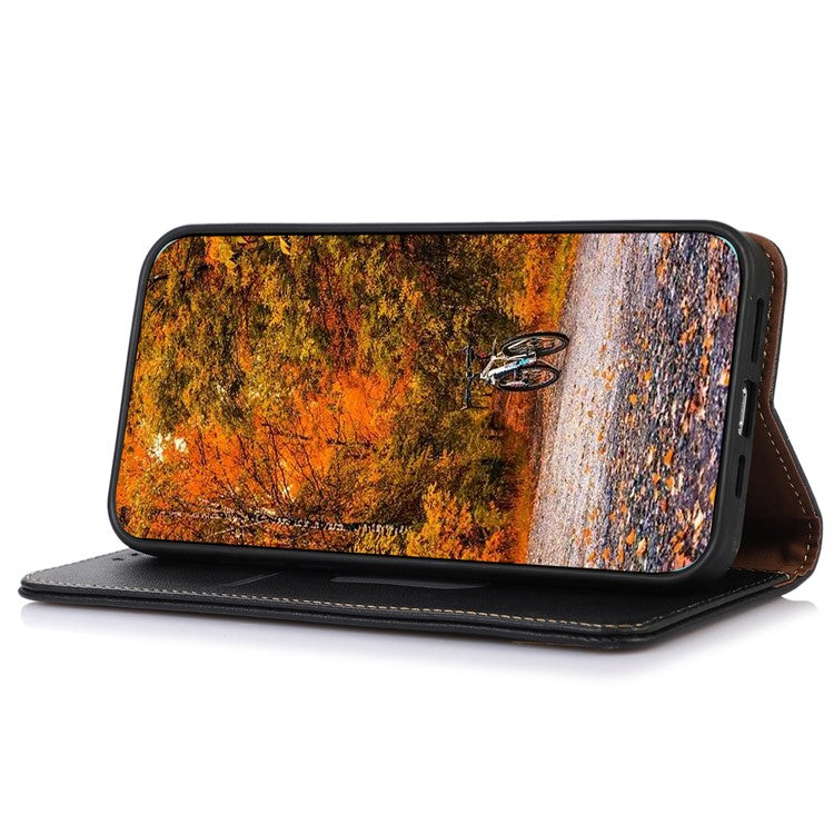 KHAZNEH Phone Case for Motorola Moto E13 4G, Nappa Texture Genuine Cowhide Leather Phone Wallet Cover Stand - Black