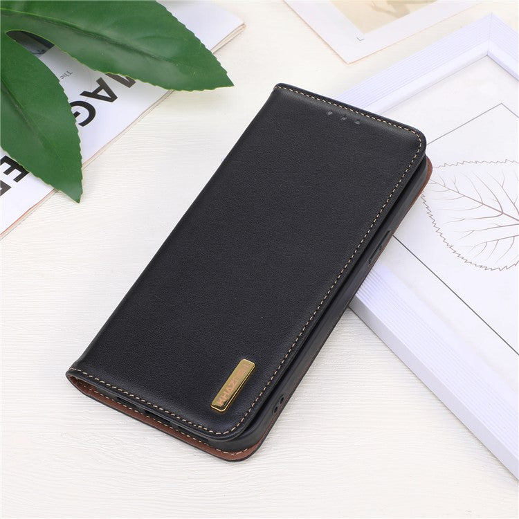 KHAZNEH Phone Case for Motorola Moto E13 4G, Nappa Texture Genuine Cowhide Leather Phone Wallet Cover Stand - Black