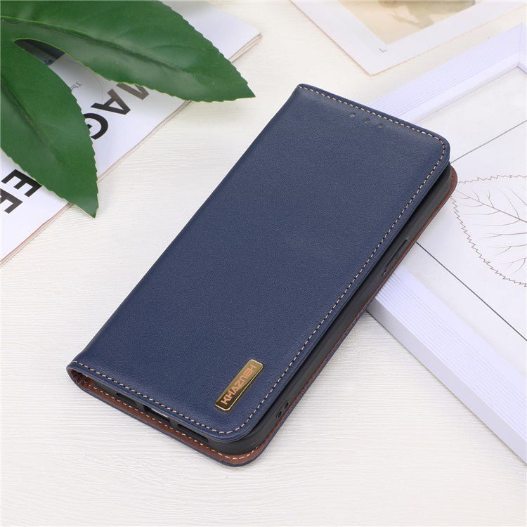 KHAZNEH Phone Case for Motorola Moto E13 4G, Nappa Texture Genuine Cowhide Leather Phone Wallet Cover Stand - Blue