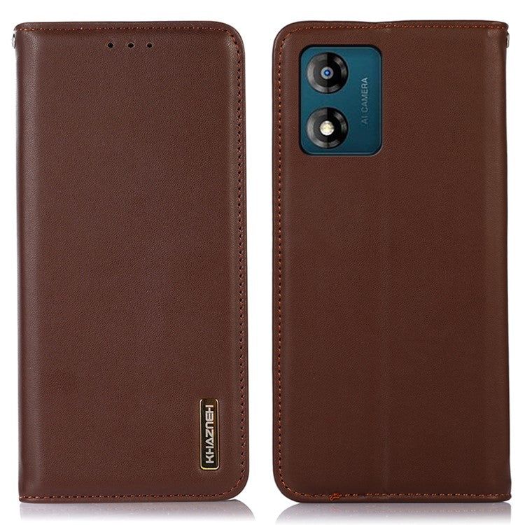 KHAZNEH Phone Case for Motorola Moto E13 4G, Nappa Texture Genuine Cowhide Leather Phone Wallet Cover Stand - Brown