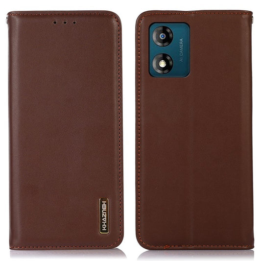 KHAZNEH Phone Case for Motorola Moto E13 4G, Nappa Texture Genuine Cowhide Leather Phone Wallet Cover Stand - Brown
