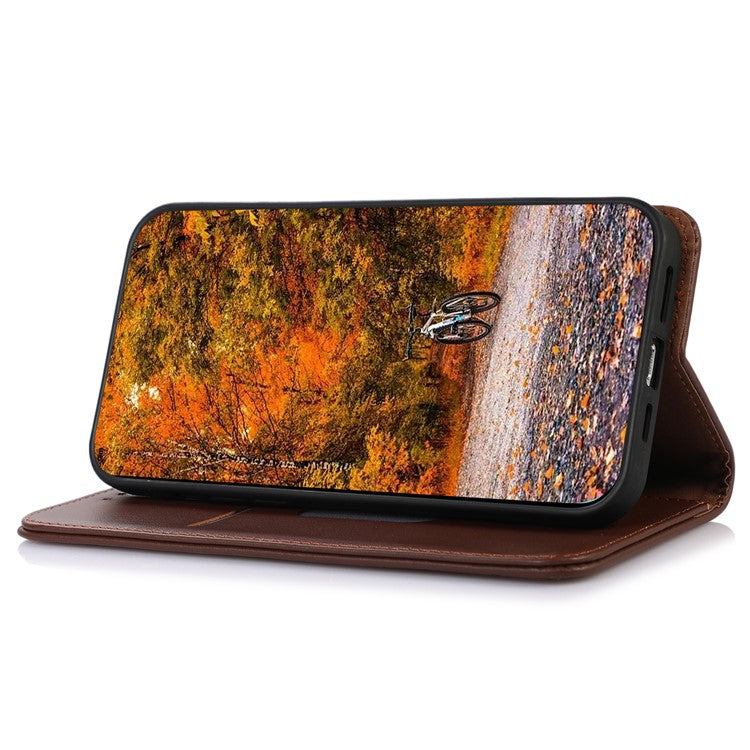 KHAZNEH Phone Case for Motorola Moto E13 4G, Nappa Texture Genuine Cowhide Leather Phone Wallet Cover Stand - Brown