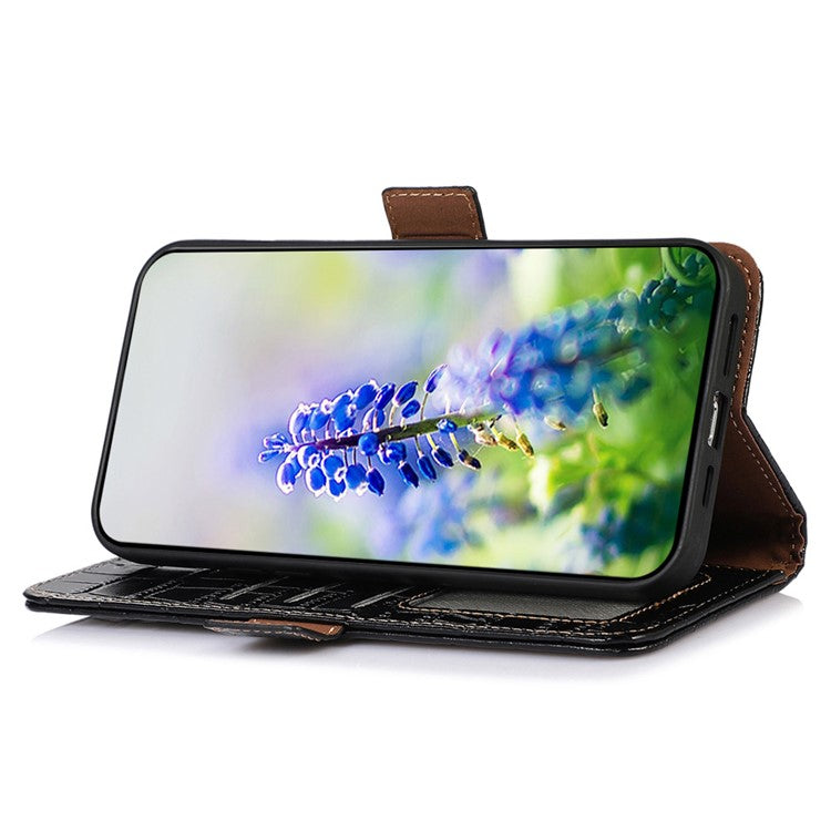 RFID Blocking Phone Stand Case for Motorola Moto E13 4G, Crocodile Texture Genuine Cowhide Leather Wallet Phone Cover - Black