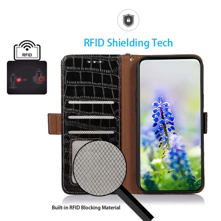 RFID Blocking Phone Stand Case for Motorola Moto E13 4G, Crocodile Texture Genuine Cowhide Leather Wallet Phone Cover - Black