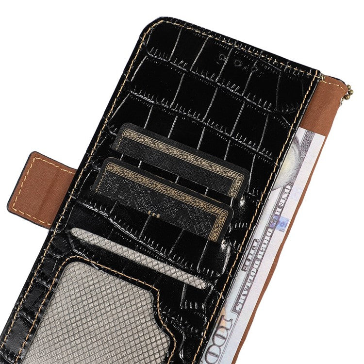 RFID Blocking Phone Stand Case for Motorola Moto E13 4G, Crocodile Texture Genuine Cowhide Leather Wallet Phone Cover - Black