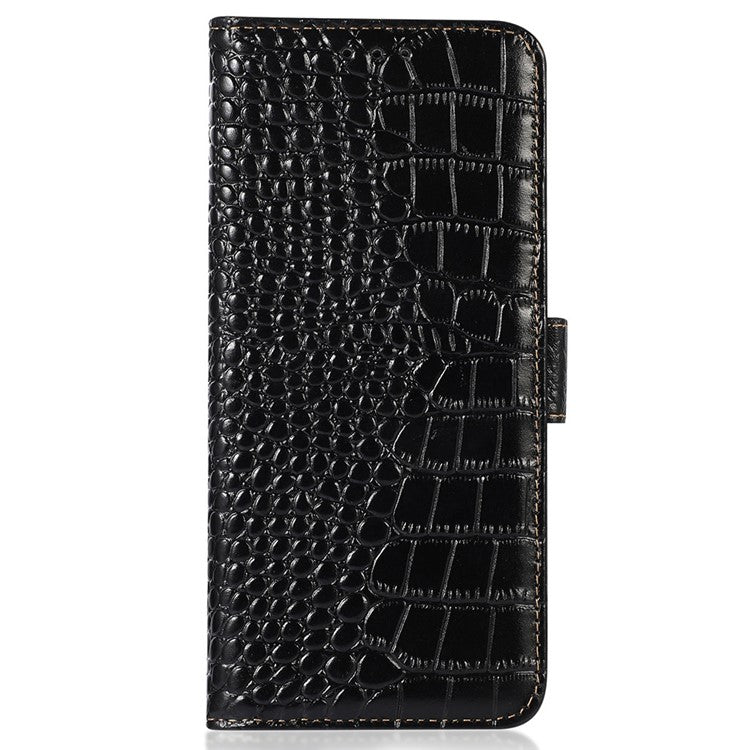 RFID Blocking Phone Stand Case for Motorola Moto E13 4G, Crocodile Texture Genuine Cowhide Leather Wallet Phone Cover - Black