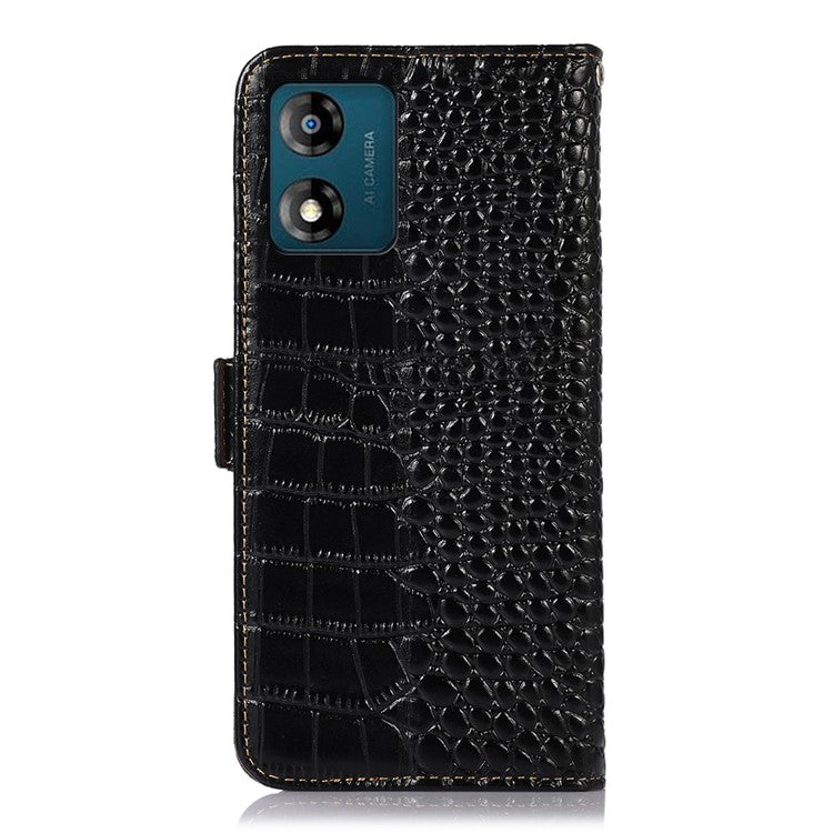 RFID Blocking Phone Stand Case for Motorola Moto E13 4G, Crocodile Texture Genuine Cowhide Leather Wallet Phone Cover - Black