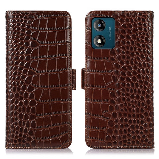 RFID Blocking Phone Stand Case for Motorola Moto E13 4G, Crocodile Texture Genuine Cowhide Leather Wallet Phone Cover - Brown
