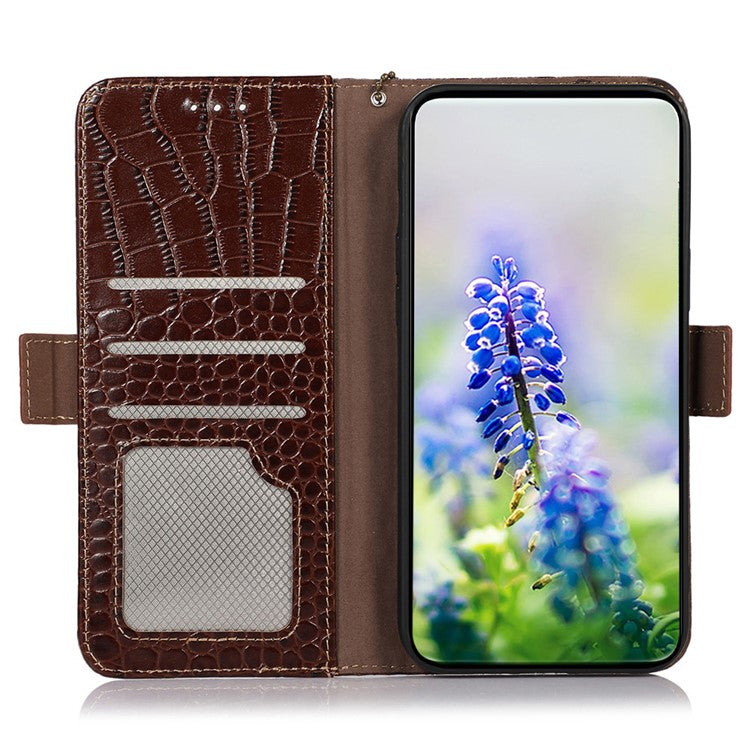 RFID Blocking Phone Stand Case for Motorola Moto E13 4G, Crocodile Texture Genuine Cowhide Leather Wallet Phone Cover - Brown