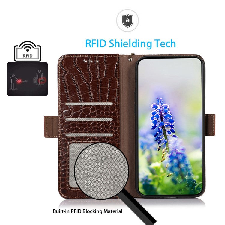 RFID Blocking Phone Stand Case for Motorola Moto E13 4G, Crocodile Texture Genuine Cowhide Leather Wallet Phone Cover - Brown