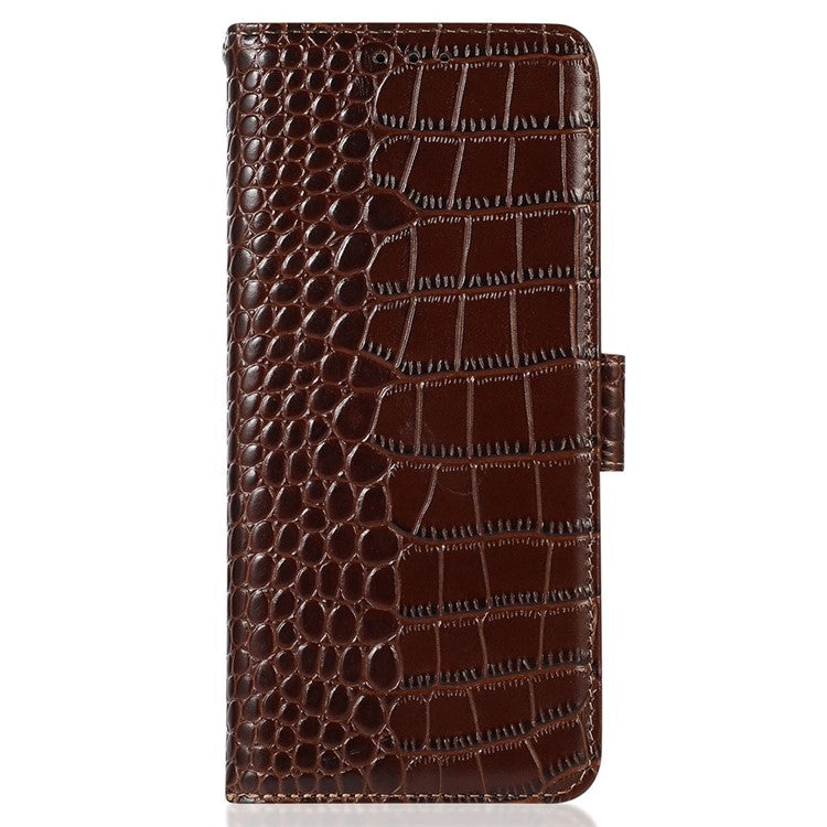 RFID Blocking Phone Stand Case for Motorola Moto E13 4G, Crocodile Texture Genuine Cowhide Leather Wallet Phone Cover - Brown