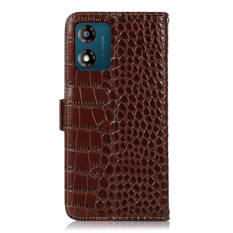 RFID Blocking Phone Stand Case for Motorola Moto E13 4G, Crocodile Texture Genuine Cowhide Leather Wallet Phone Cover - Brown