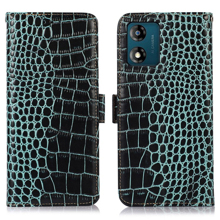 RFID Blocking Phone Stand Case for Motorola Moto E13 4G, Crocodile Texture Genuine Cowhide Leather Wallet Phone Cover - Green