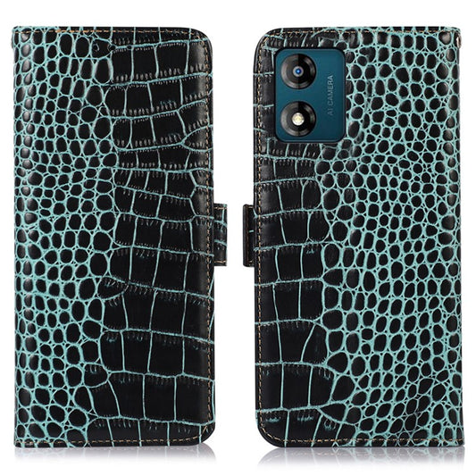 RFID Blocking Phone Stand Case for Motorola Moto E13 4G, Crocodile Texture Genuine Cowhide Leather Wallet Phone Cover - Green