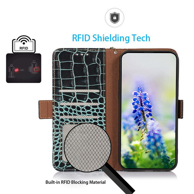 RFID Blocking Phone Stand Case for Motorola Moto E13 4G, Crocodile Texture Genuine Cowhide Leather Wallet Phone Cover - Green