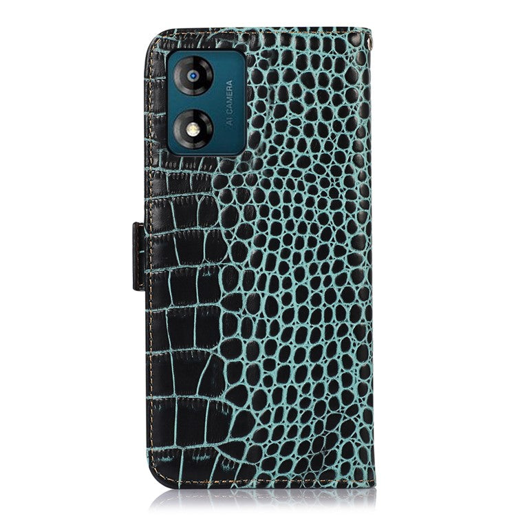 RFID Blocking Phone Stand Case for Motorola Moto E13 4G, Crocodile Texture Genuine Cowhide Leather Wallet Phone Cover - Green