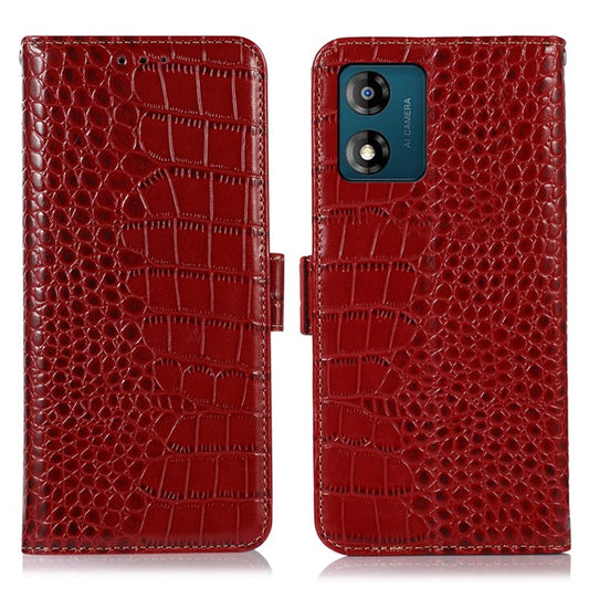 RFID Blocking Phone Stand Case for Motorola Moto E13 4G, Crocodile Texture Genuine Cowhide Leather Wallet Phone Cover - Red