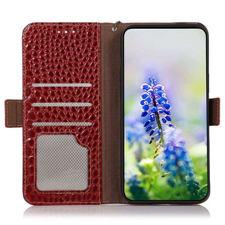 RFID Blocking Phone Stand Case for Motorola Moto E13 4G, Crocodile Texture Genuine Cowhide Leather Wallet Phone Cover - Red