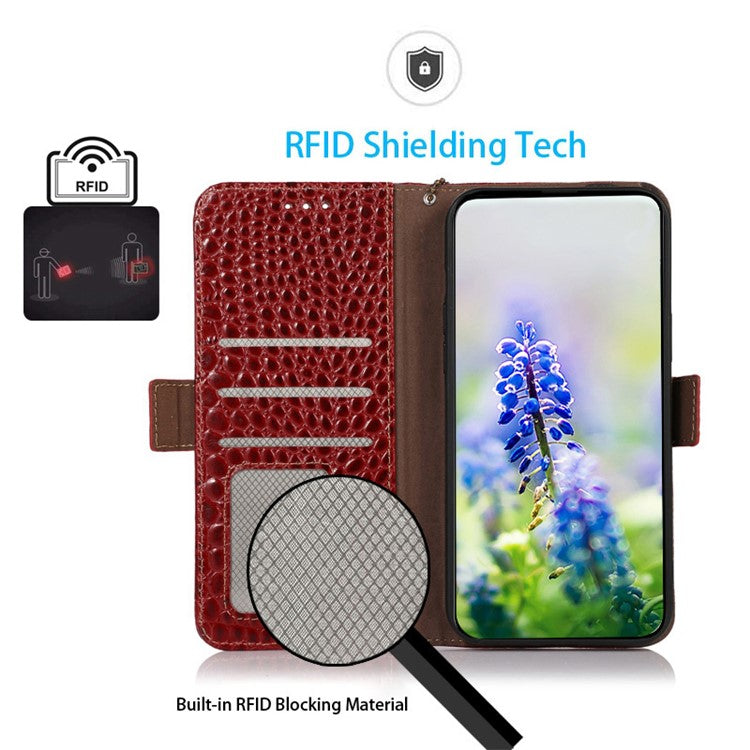 RFID Blocking Phone Stand Case for Motorola Moto E13 4G, Crocodile Texture Genuine Cowhide Leather Wallet Phone Cover - Red