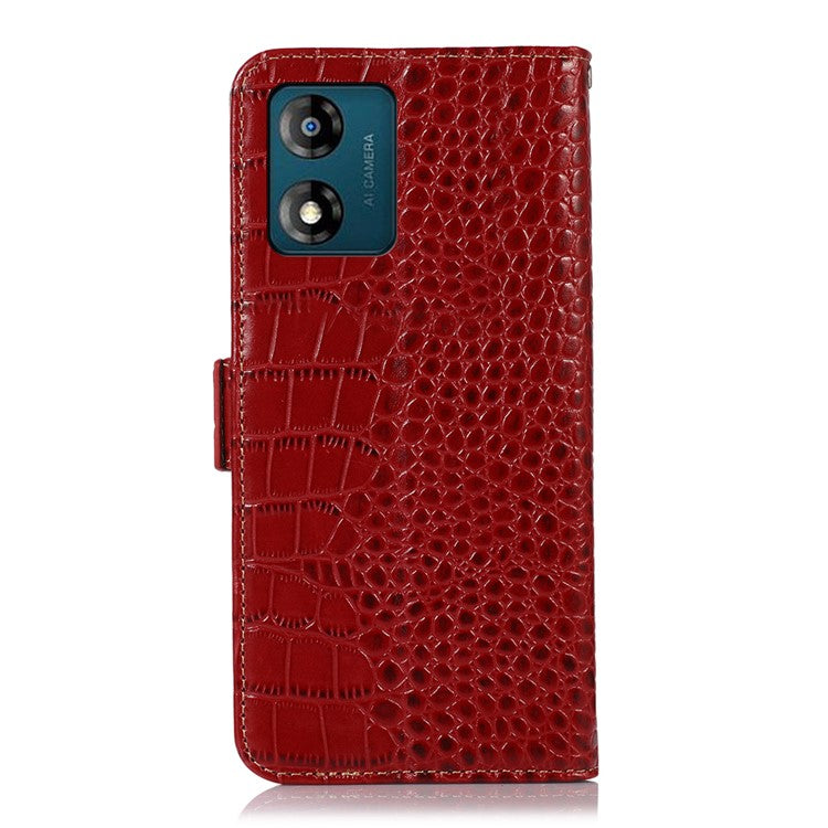 RFID Blocking Phone Stand Case for Motorola Moto E13 4G, Crocodile Texture Genuine Cowhide Leather Wallet Phone Cover - Red