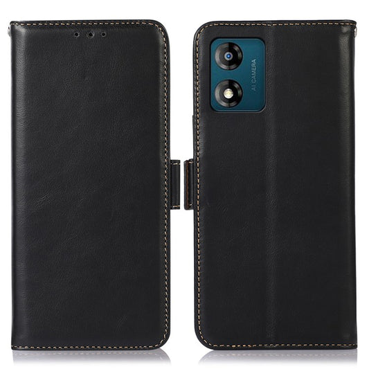 Anti-drop Phone Cover For Motorola Moto E13 4G, RFID Blocking Phone Case Genuine Cowhide Leather Magnetic Flip Case Wallet Stand - Black