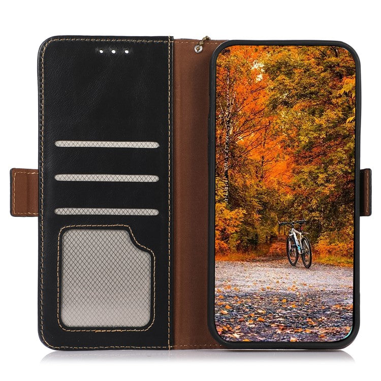 Anti-drop Phone Cover For Motorola Moto E13 4G, RFID Blocking Phone Case Genuine Cowhide Leather Magnetic Flip Case Wallet Stand - Black