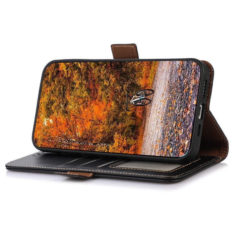 Anti-drop Phone Cover For Motorola Moto E13 4G, RFID Blocking Phone Case Genuine Cowhide Leather Magnetic Flip Case Wallet Stand - Black