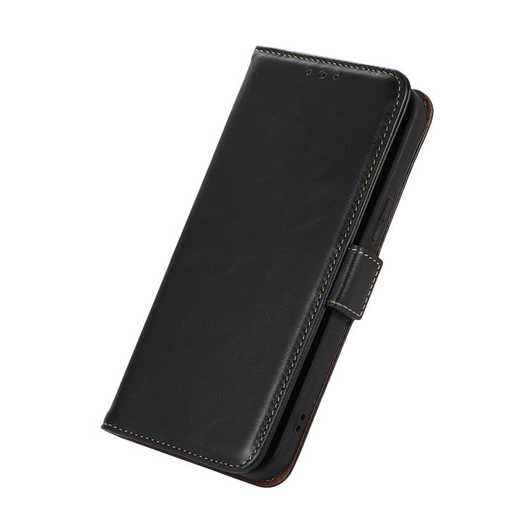 Anti-drop Phone Cover For Motorola Moto E13 4G, RFID Blocking Phone Case Genuine Cowhide Leather Magnetic Flip Case Wallet Stand - Black
