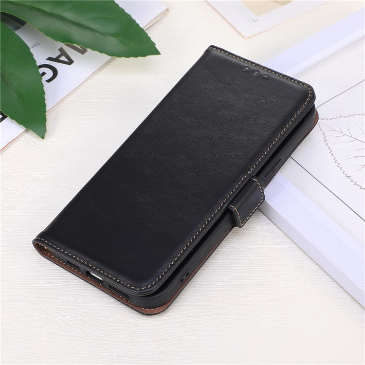 Anti-drop Phone Cover For Motorola Moto E13 4G, RFID Blocking Phone Case Genuine Cowhide Leather Magnetic Flip Case Wallet Stand - Black