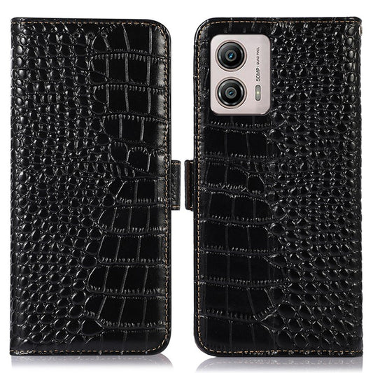Leather Phone Case for Motorola Moto G53 5G, RFID Blocking Crocodile Texture Anti-scratch Drop-proof Phone Cover Wallet Stand - Black