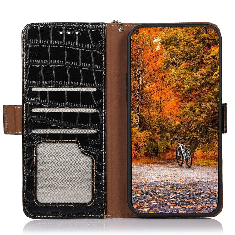 Leather Phone Case for Motorola Moto G53 5G, RFID Blocking Crocodile Texture Anti-scratch Drop-proof Phone Cover Wallet Stand - Black
