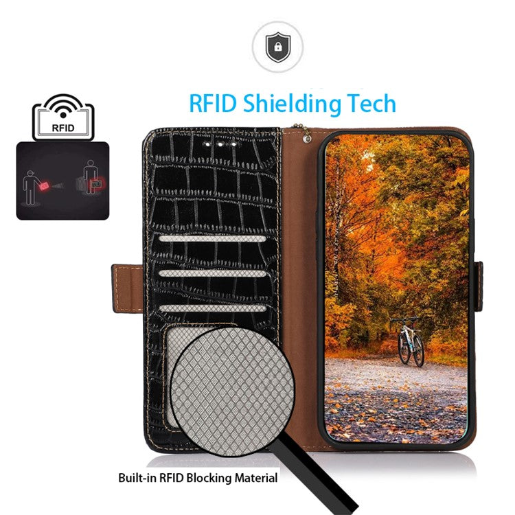 Leather Phone Case for Motorola Moto G53 5G, RFID Blocking Crocodile Texture Anti-scratch Drop-proof Phone Cover Wallet Stand - Black