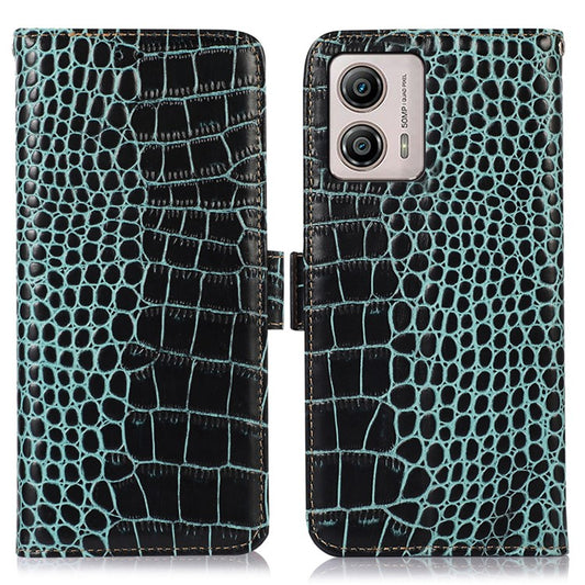Leather Phone Case for Motorola Moto G53 5G, RFID Blocking Crocodile Texture Anti-scratch Drop-proof Phone Cover Wallet Stand - Green