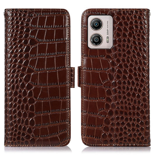 Leather Phone Case for Motorola Moto G53 5G, RFID Blocking Crocodile Texture Anti-scratch Drop-proof Phone Cover Wallet Stand - Brown