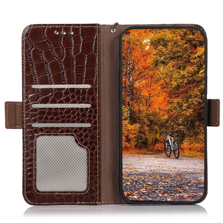 Leather Phone Case for Motorola Moto G53 5G, RFID Blocking Crocodile Texture Anti-scratch Drop-proof Phone Cover Wallet Stand - Brown